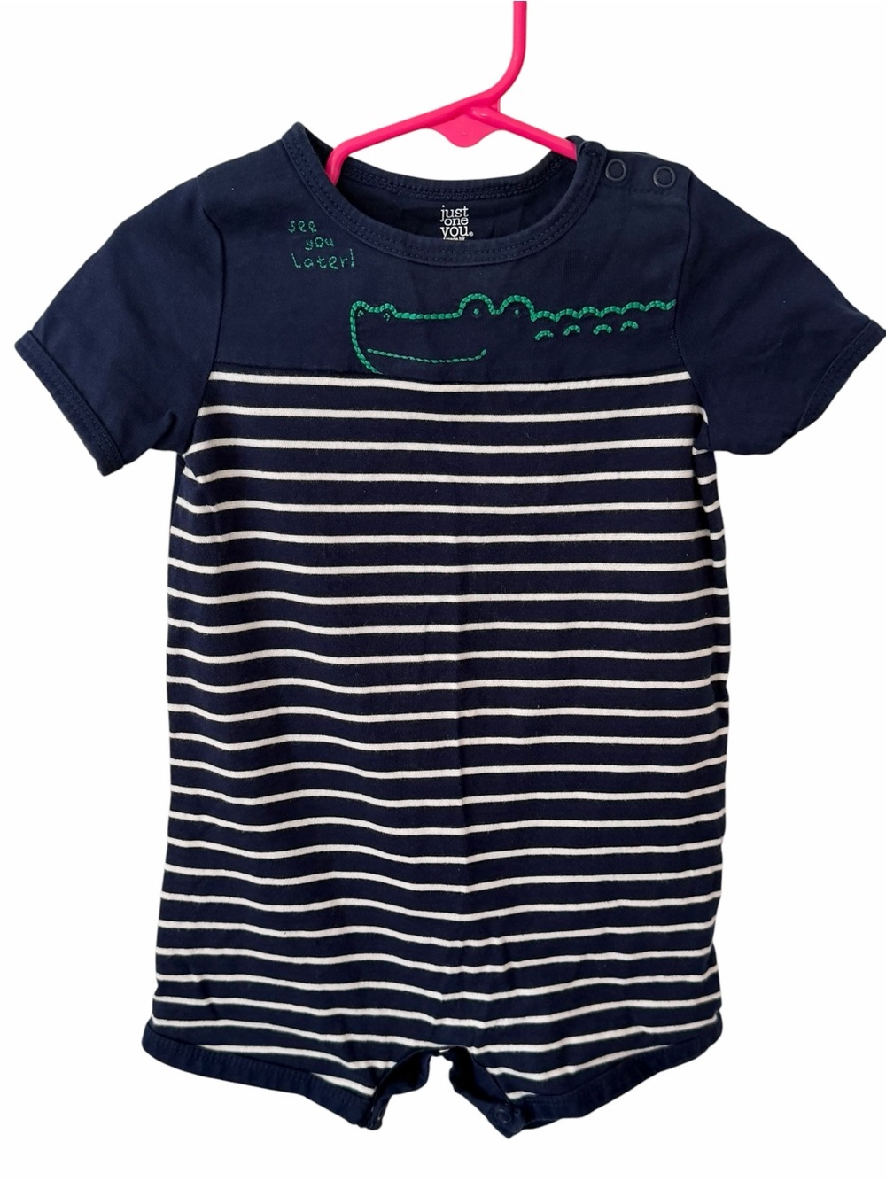 Carter’s Navy Striped Crocodile Romper 18M Short Sleeve One Piece